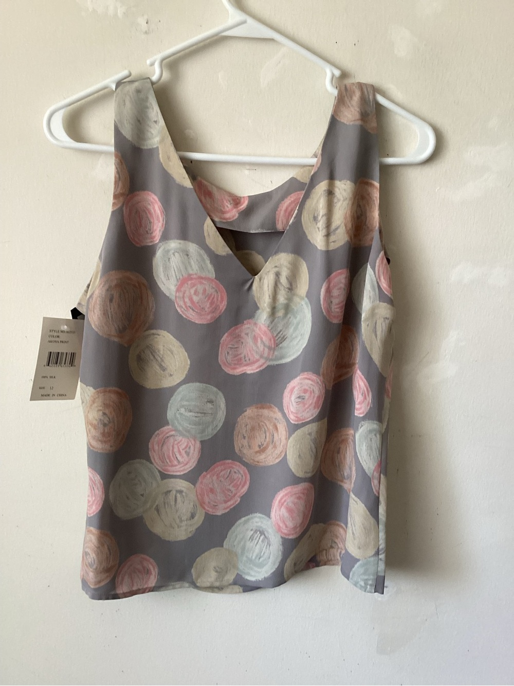 Grace by Dane Lewis Gray Polka Swirl Sleeveless blouse- Pastel Dot Print.